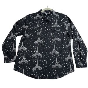 Karl Lagerfeld Paris Eiffel Tower Print Button Up Shirt Black White Womens Large